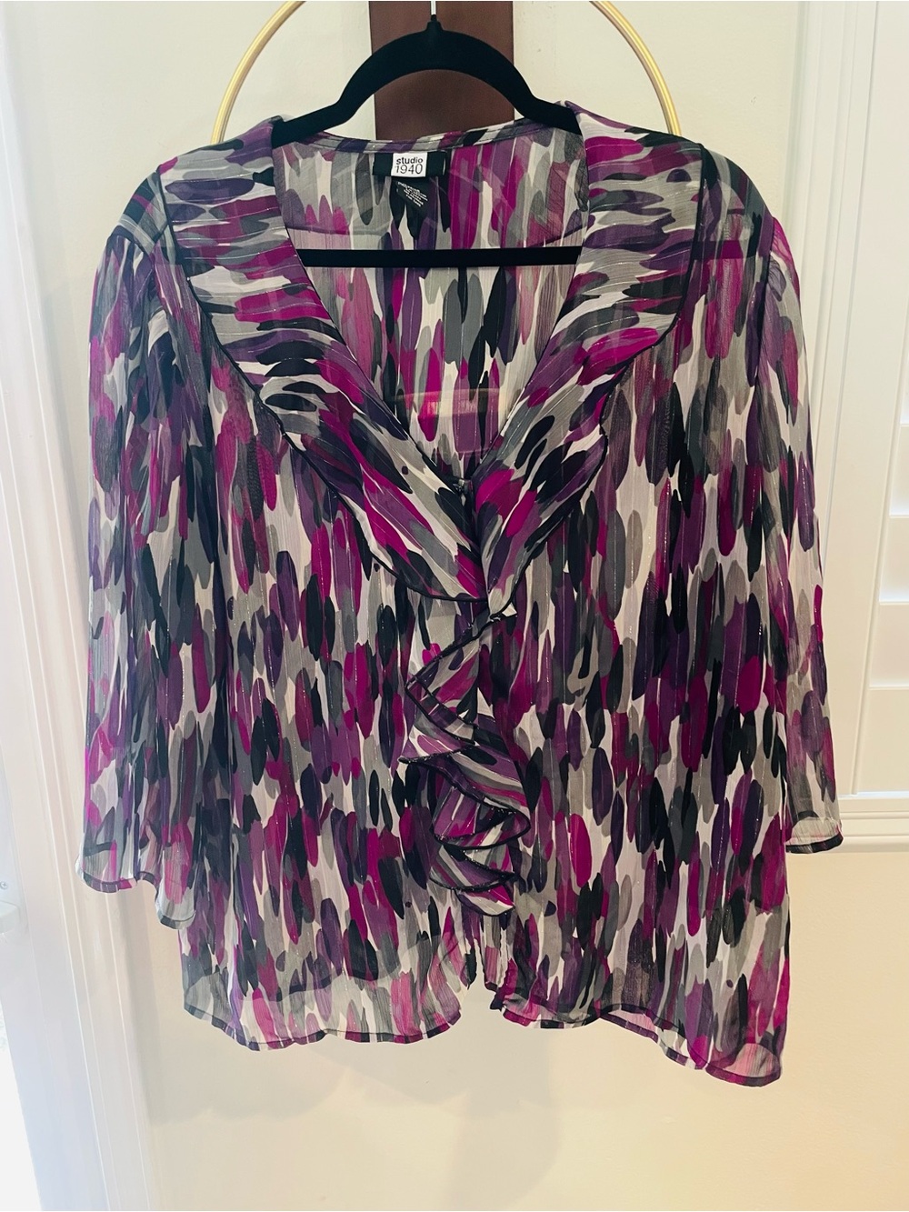 Studio Sheer Ruffled V-Neck Blouse in Magenta, Black & Gray